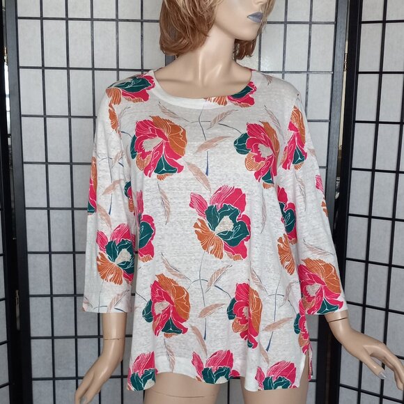 Nwot Tahari 100% Linen Fresh Floral Print Top Sz L 3/4 Sleeve Round Neck Blouse - Picture 1 of 8